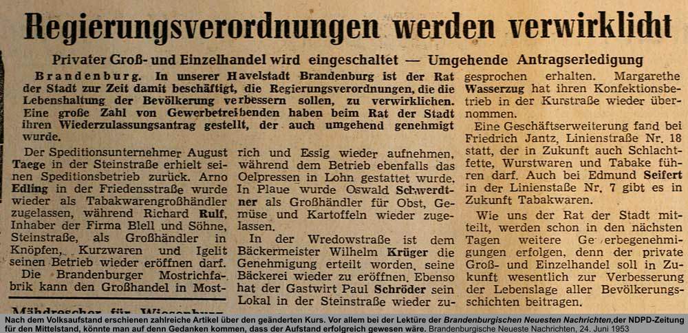 Rückgaben, Quelle: Brandenburgische Neueste Nachrichten, 24. Juni 1953